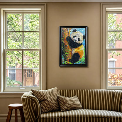 A Quiet Moment textured button artwork featuring a panda climbing a diagonal tree trunk displayed as distinctive nature wall decor in a contemporary home