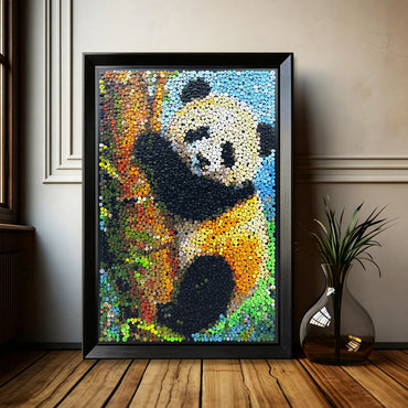 A Quiet Moment panda button art displayed as nature-inspired wall decor in a cozy living room