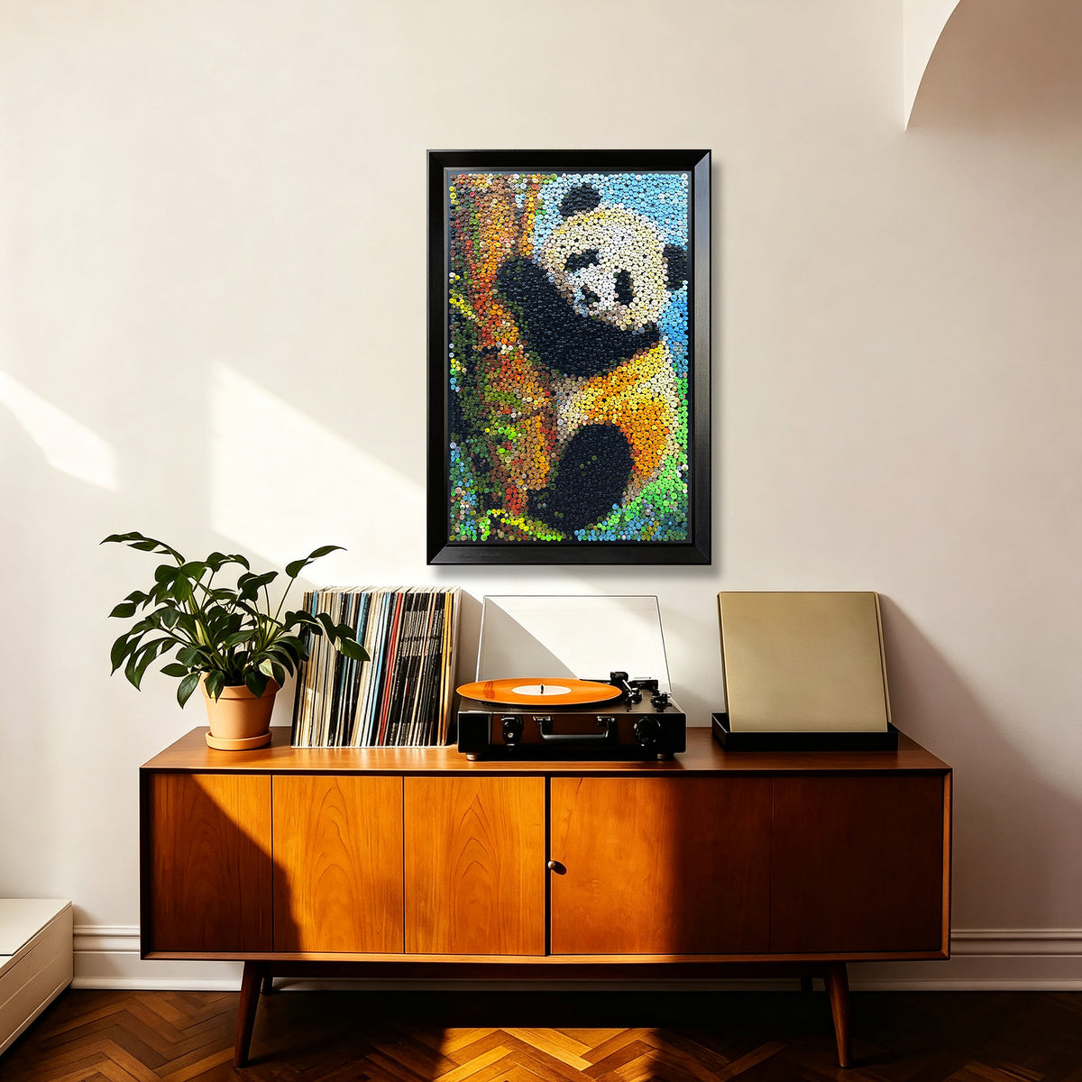 A Quiet Moment button artwork featuring a climbing panda as wildlife-inspired home decor
