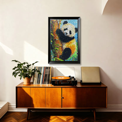 A Quiet Moment button artwork featuring a climbing panda as wildlife-inspired home decor