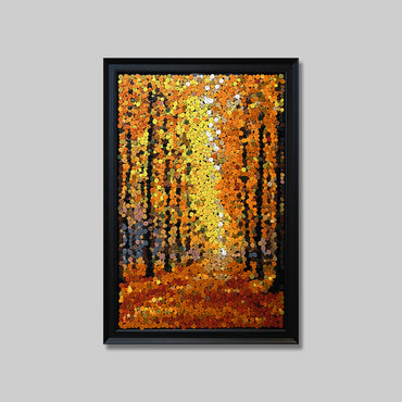 Autumn Gold button art featuring a leaf-covered path lined with golden trees