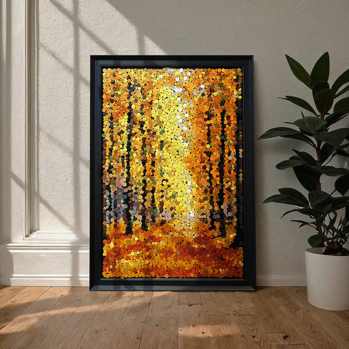 Autumn Gold button art displayed as scenic landscape wall decor in a cozy living room