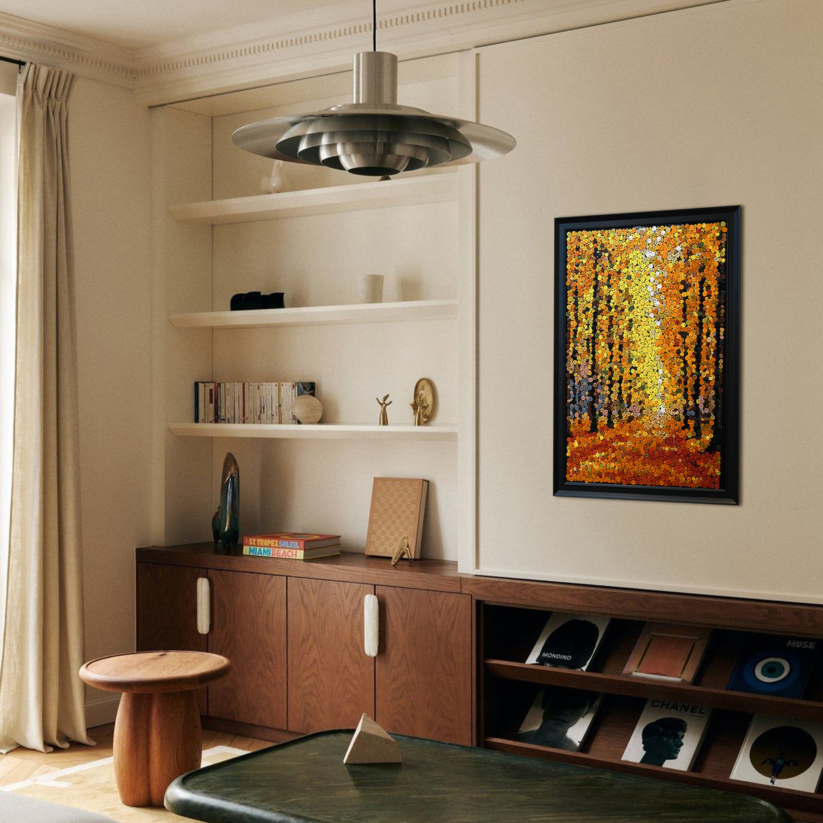 Autumn Gold button art displayed as statement nature wall decor in a modern interior