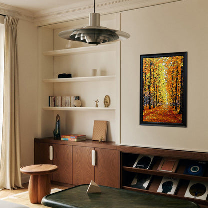 Autumn Gold button art displayed as statement nature wall decor in a modern interior