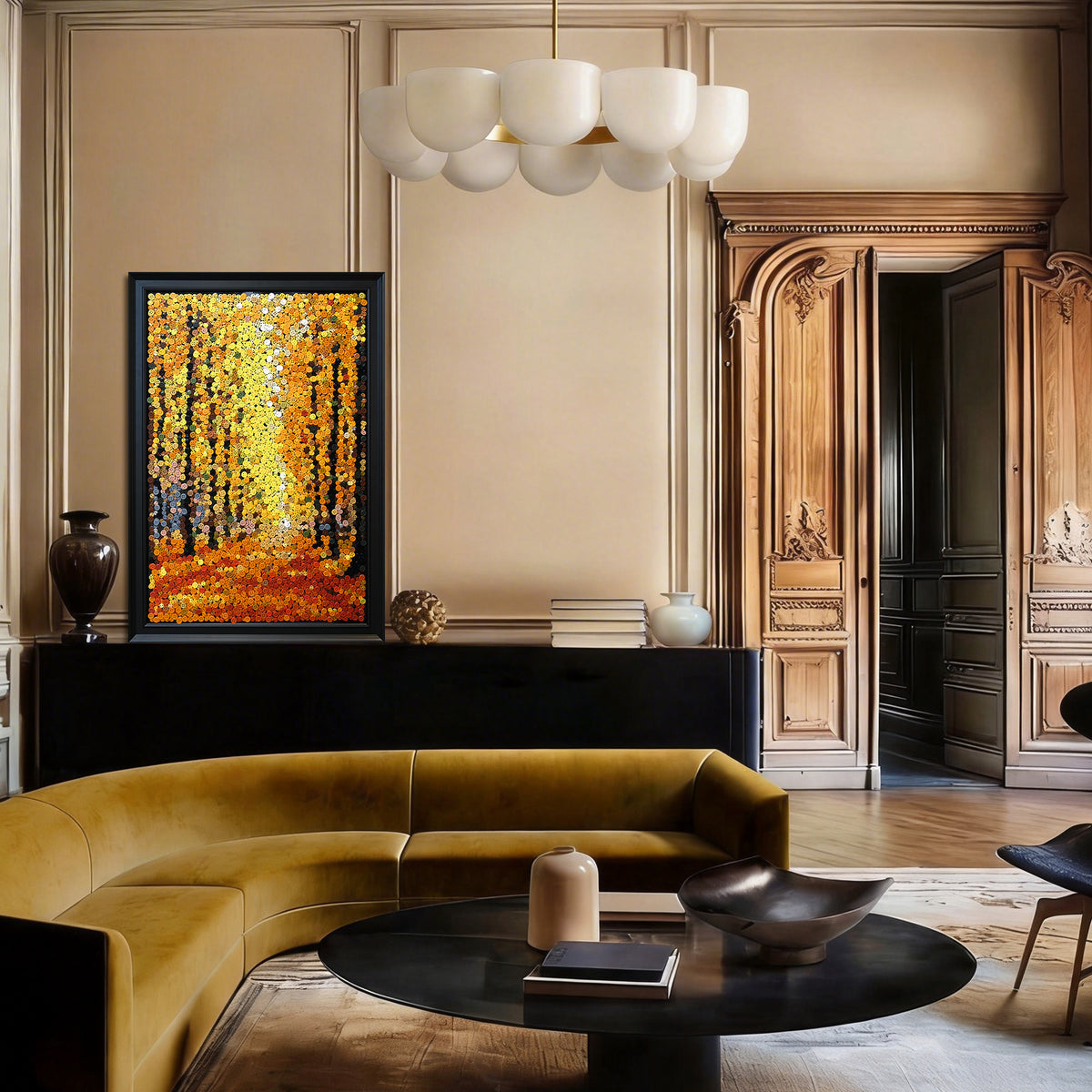 Autumn Gold textured button artwork featuring a golden tree-lined path displayed as distinctive landscape wall decor in a contemporary home