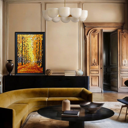 Autumn Gold textured button artwork featuring a golden tree-lined path displayed as distinctive landscape wall decor in a contemporary home