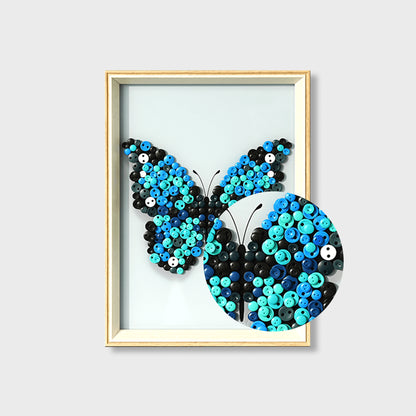 Close-up of Blue Butterfly button art showing layered blue buttons and detailed wing textures