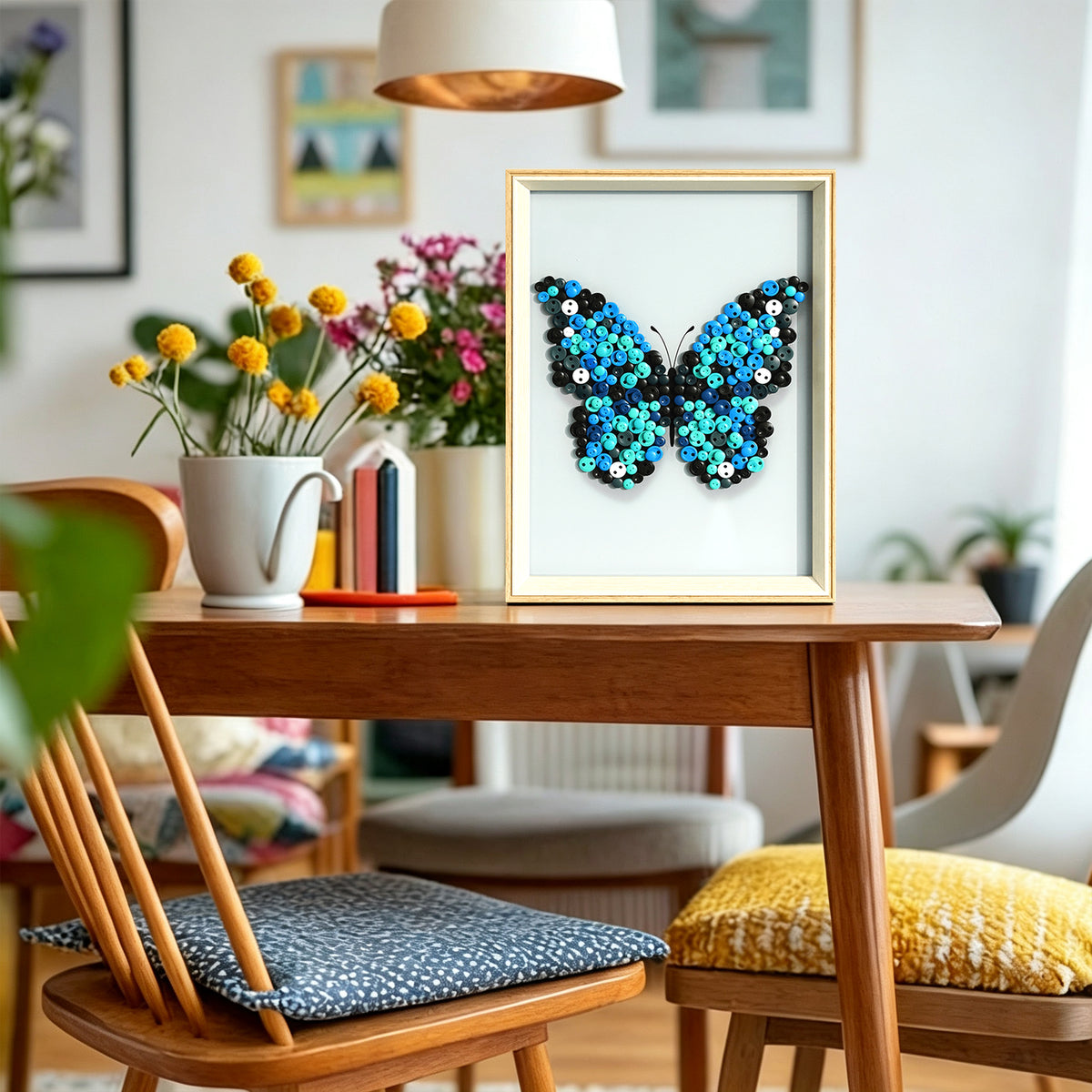 Blue Butterfly button art displayed as colorful wall decor in a cozy living room