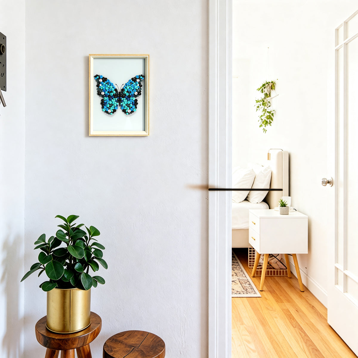 Blue Butterfly DIY button art featured as vibrant nature-inspired home decor