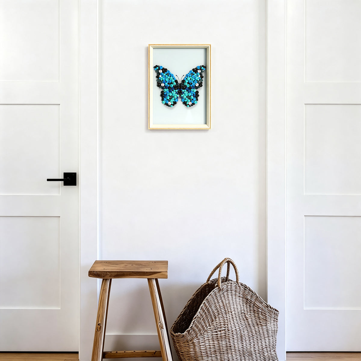 Blue Butterfly button artwork adding a cool and colorful artistic touch to a room