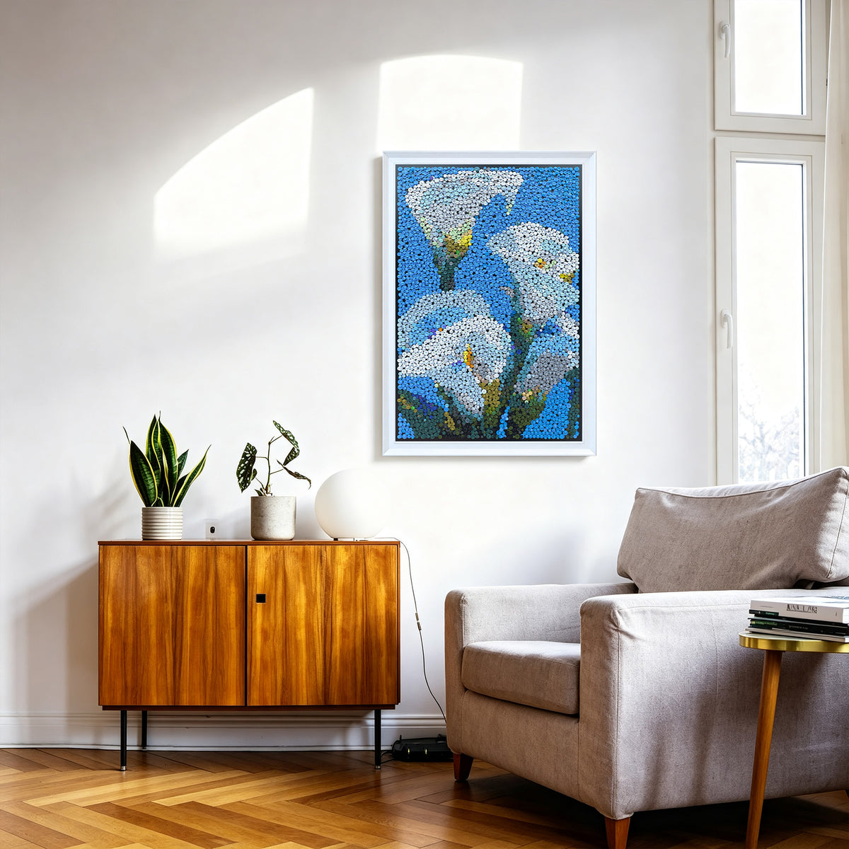 Blue Reverie Calla Lilies button artwork featured as minimalist botanical home decor