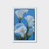Blue Reverie Calla Lilies button art featuring three elegant calla lilies on a clean blue background