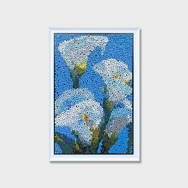 Blue Reverie Calla Lilies button art featuring three elegant calla lilies on a clean blue background