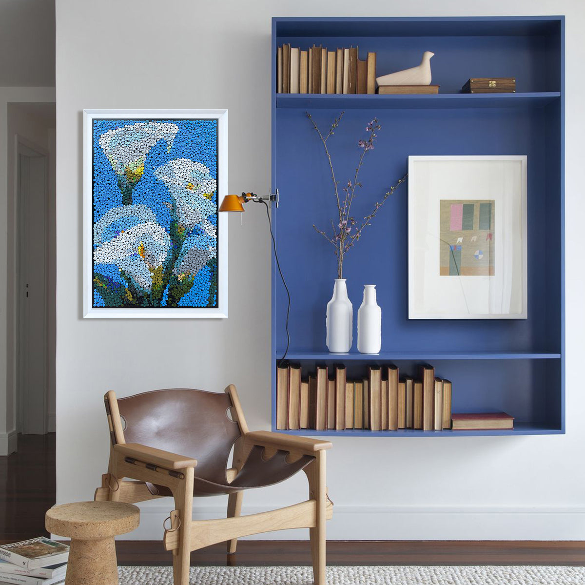 Blue Reverie Calla Lilies wall art adding a clean and serene floral touch to a room