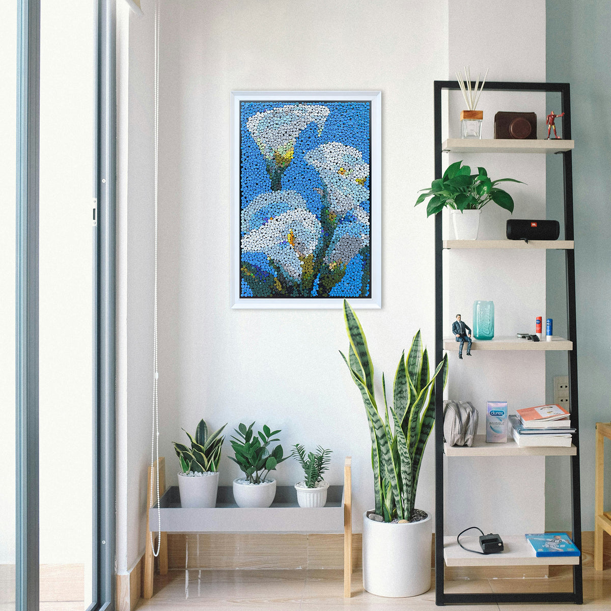 Blue Reverie Calla Lilies textured button artwork featuring three calla lilies on a clean blue background in a contemporary home
