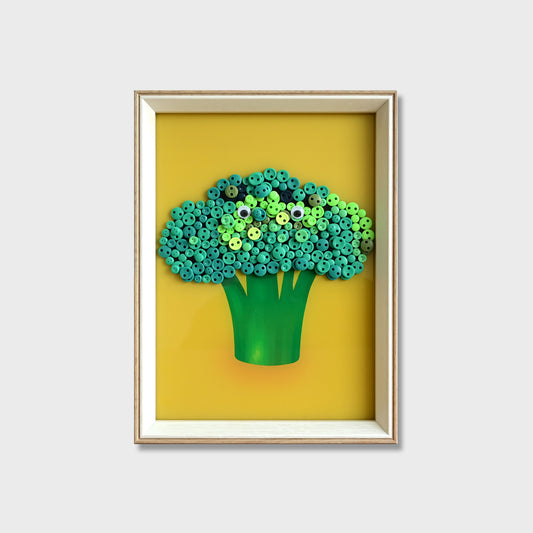 Broccoli button art kit featuring a vibrant green broccoli design