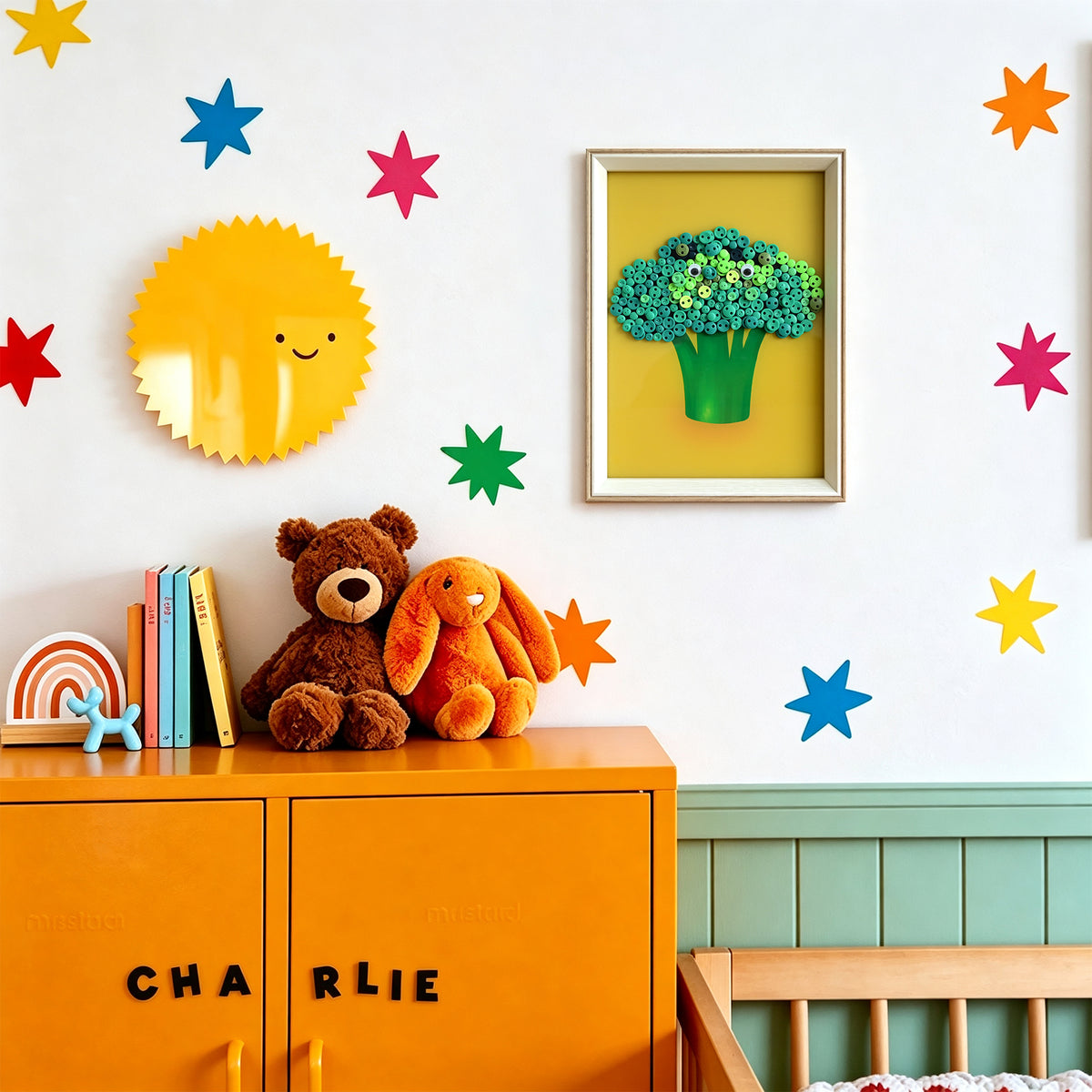Broccoli DIY button art featured as playful food-inspired home decor