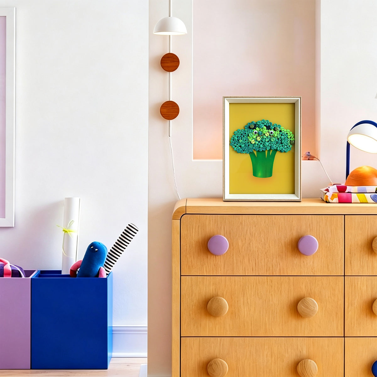Broccoli button artwork adding a fresh and colorful touch to a room
