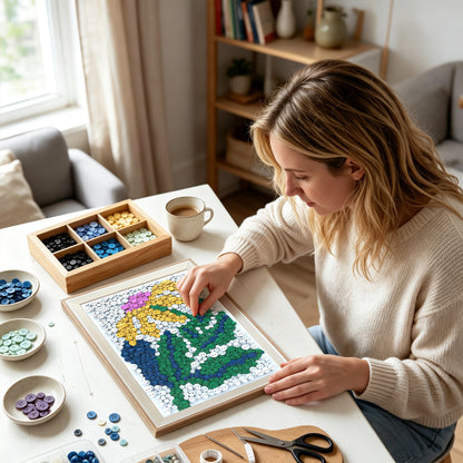 PixelKnot Chasing Light Button Art packaging, carefully arranged to protect the artwork and its components.