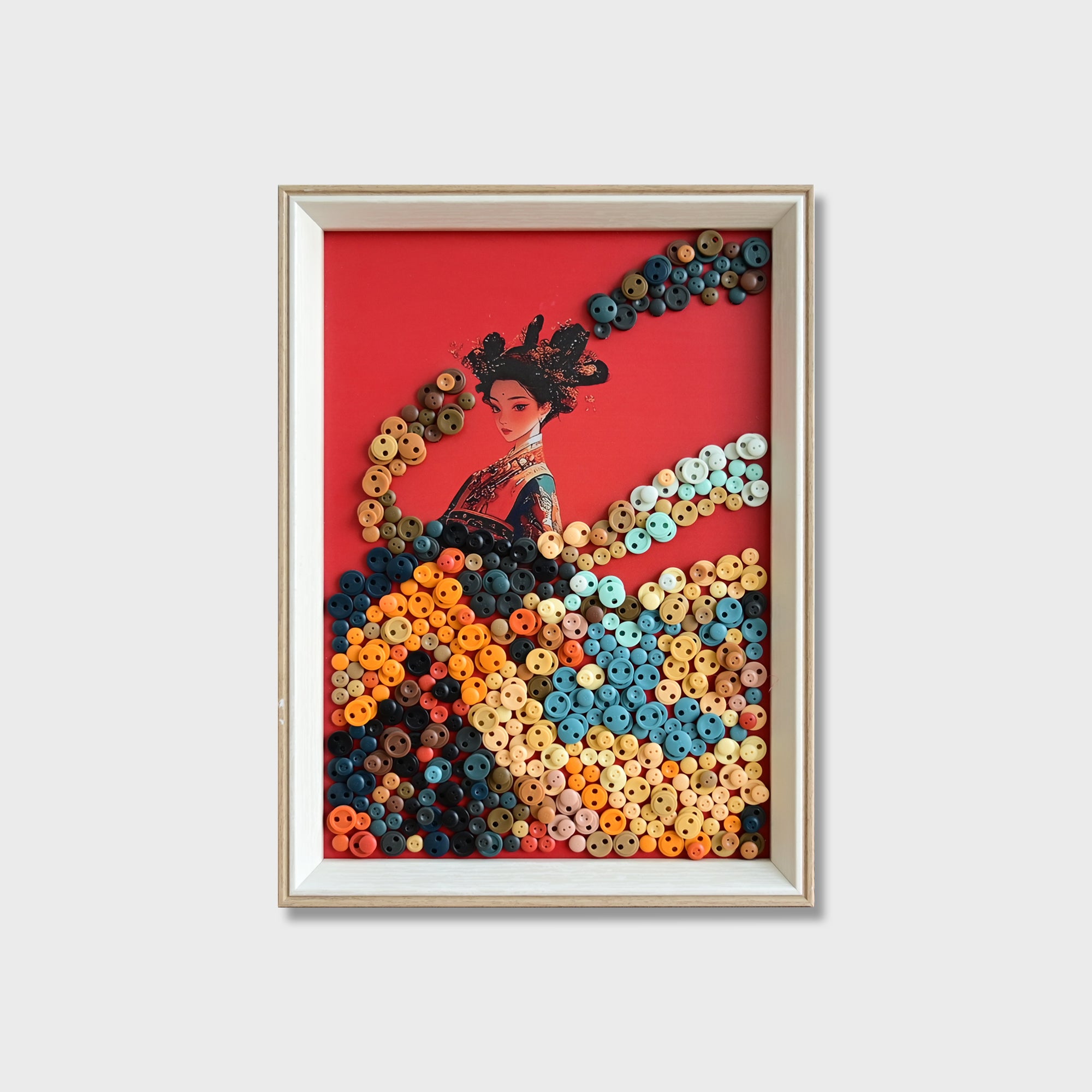 Chinese Princess button art featuring a woman in traditional Chinese hanfu on a red background