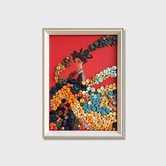 Chinese Princess button art featuring a woman in traditional Chinese hanfu on a red background