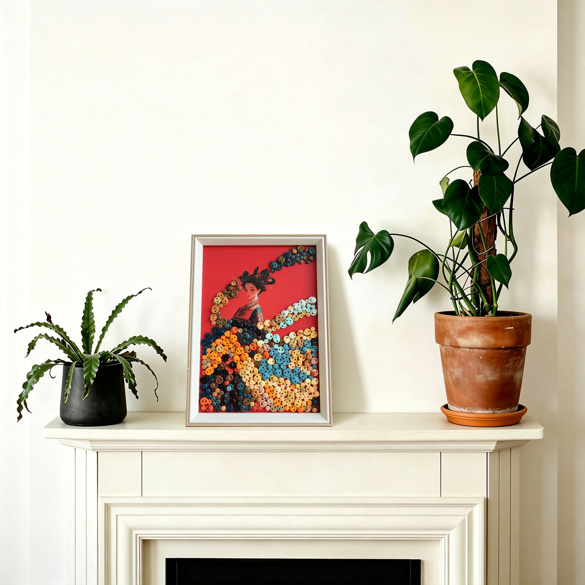 Chinese Princess button art displayed as unique wall decor in a modern interior
