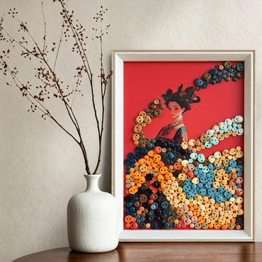 Chinese Princess button art displayed as elegant wall decor in a cozy living room