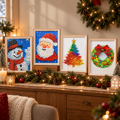Four framed Christmas DIY Button Art pieces including Santa Claus, snowman, Christmas tree, and holiday wreath displayed as festive mantel home decor