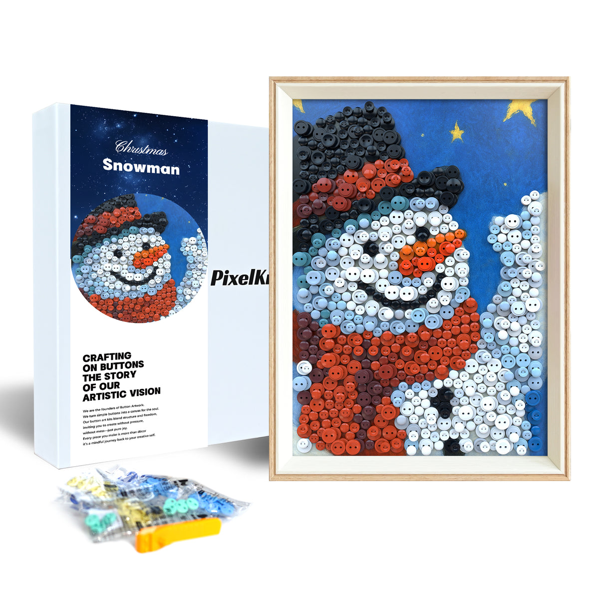 Christmas Snowman Button Art DIY kit shown in its product packaging beside the framed artwork and craft supplies