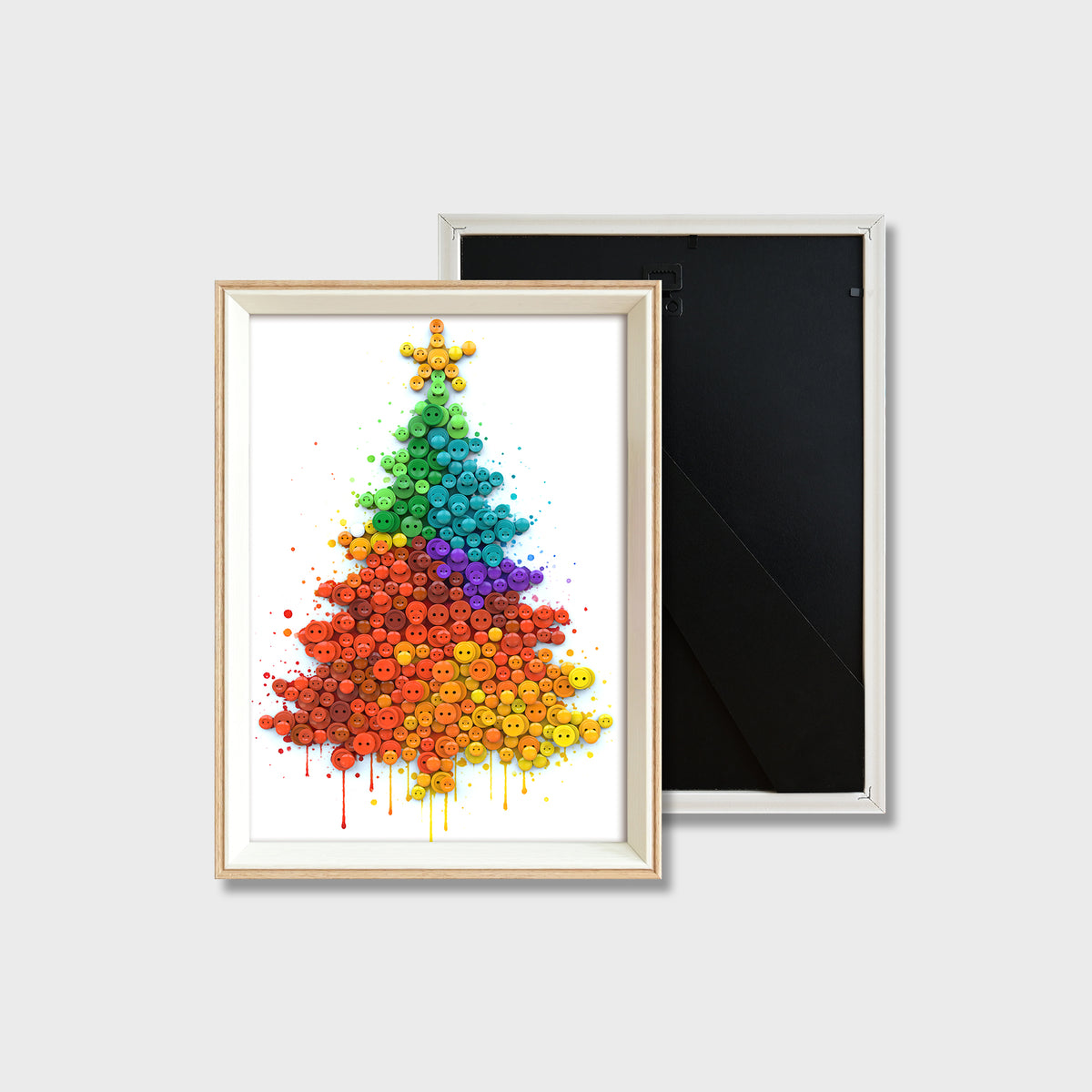 Finished Christmas Tree button art featuring a vibrant rainbow-colored tree topped with a gold star