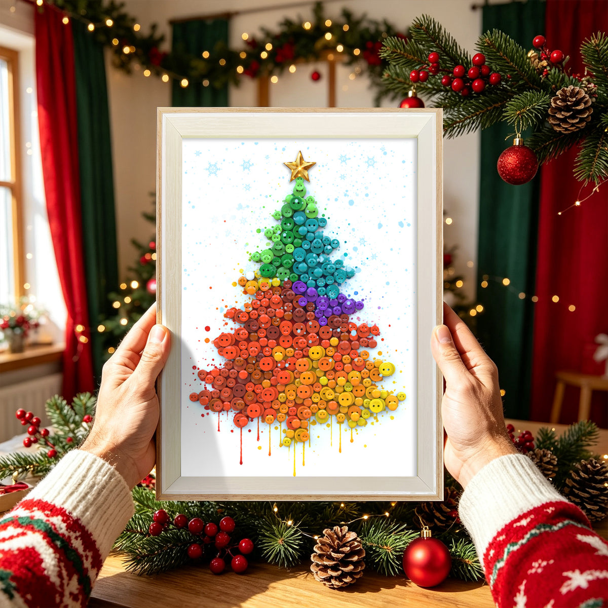Christmas Tree Button Art displayed as festive Christmas home decor