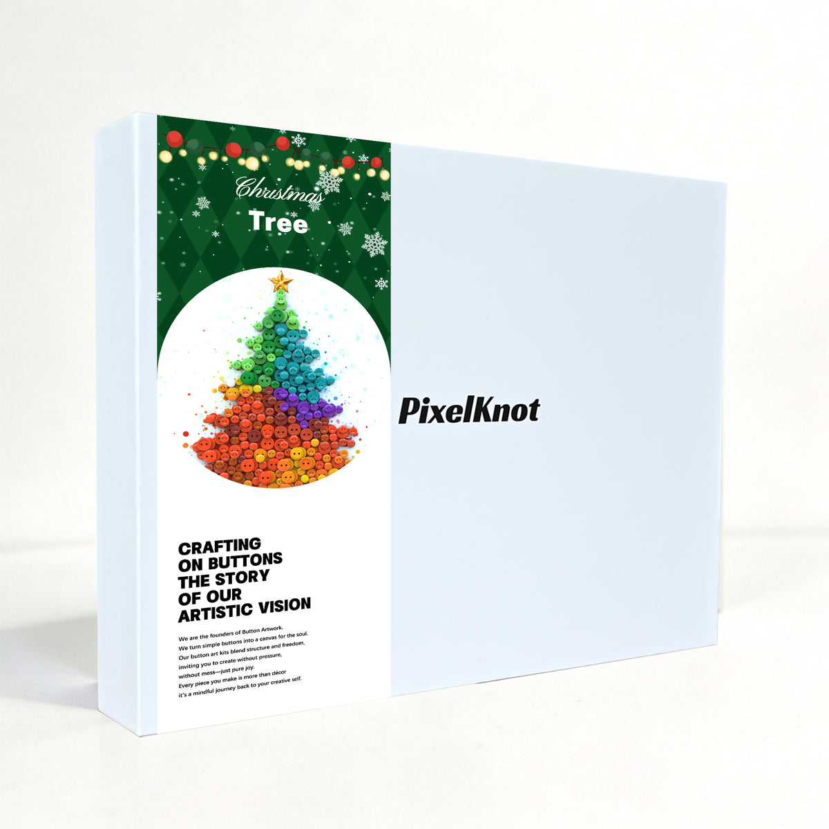 Christmas Tree DIY button art kit with packaging, craft materials, and instructions