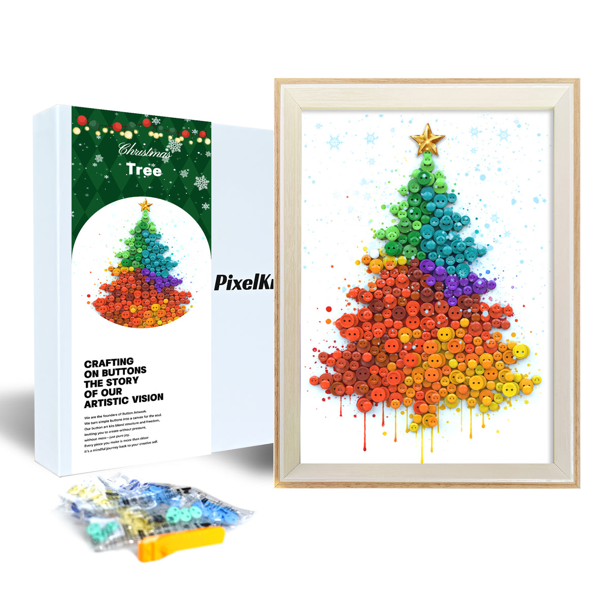 PixelKnot Christmas Tree DIY Button Art Kit in its holiday packaging