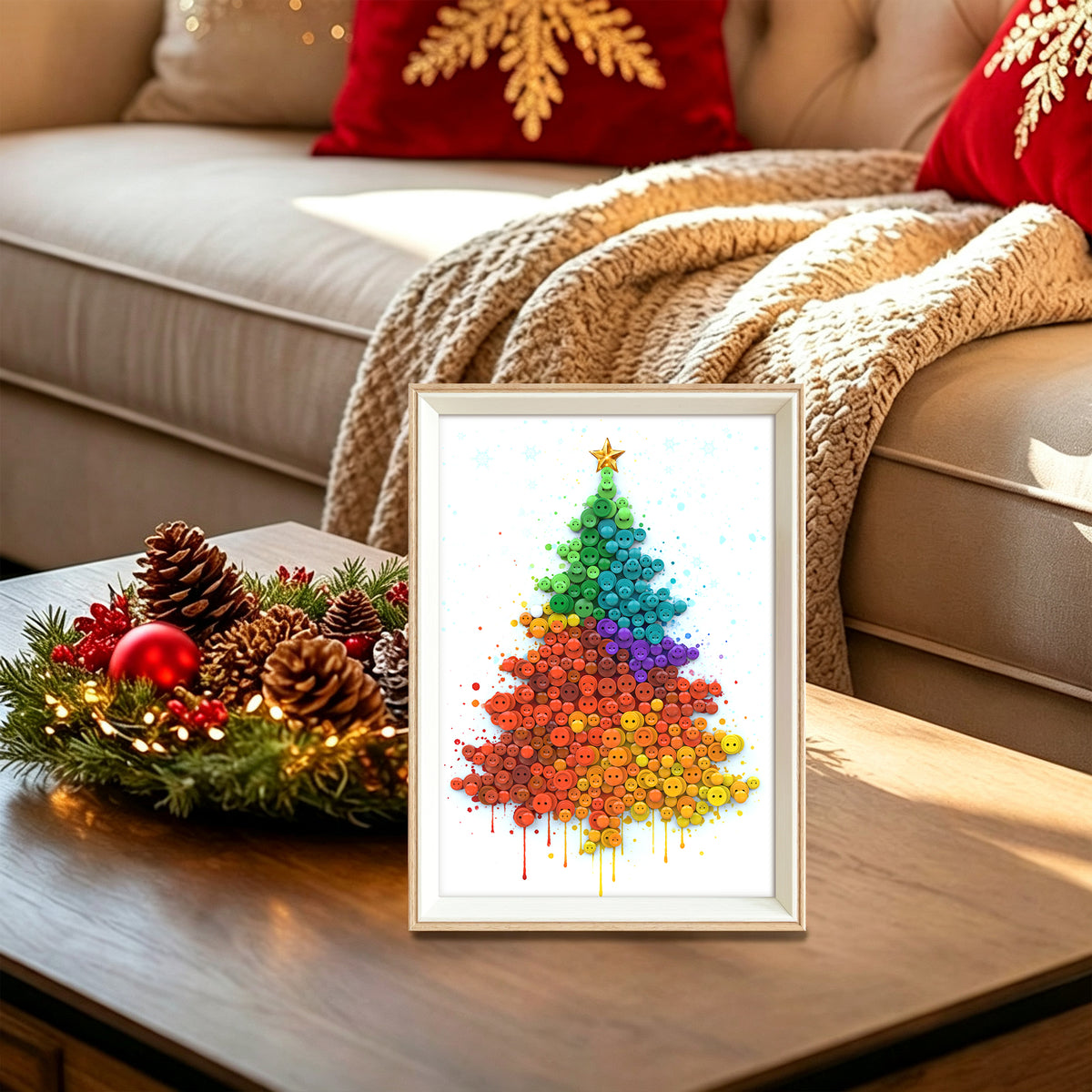 Christmas Tree DIY button art featured as colorful holiday home decor