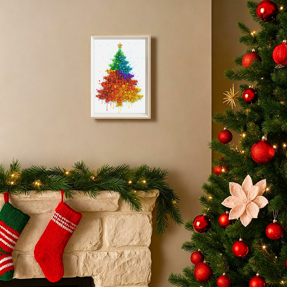 Christmas Tree button art displayed as festive holiday wall decor in a cozy living room