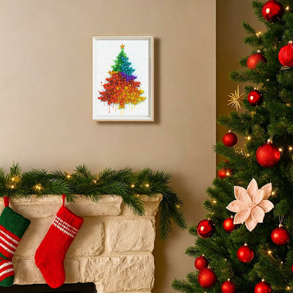 Christmas Tree button art displayed as festive holiday wall decor in a cozy living room