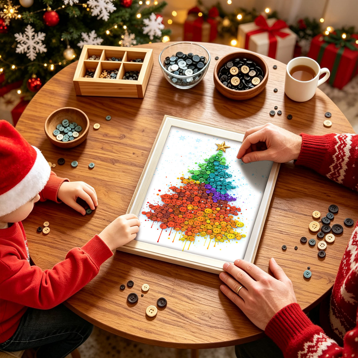 Assembling the Christmas Tree DIY Button Art with colorful buttons for a festive holiday craft