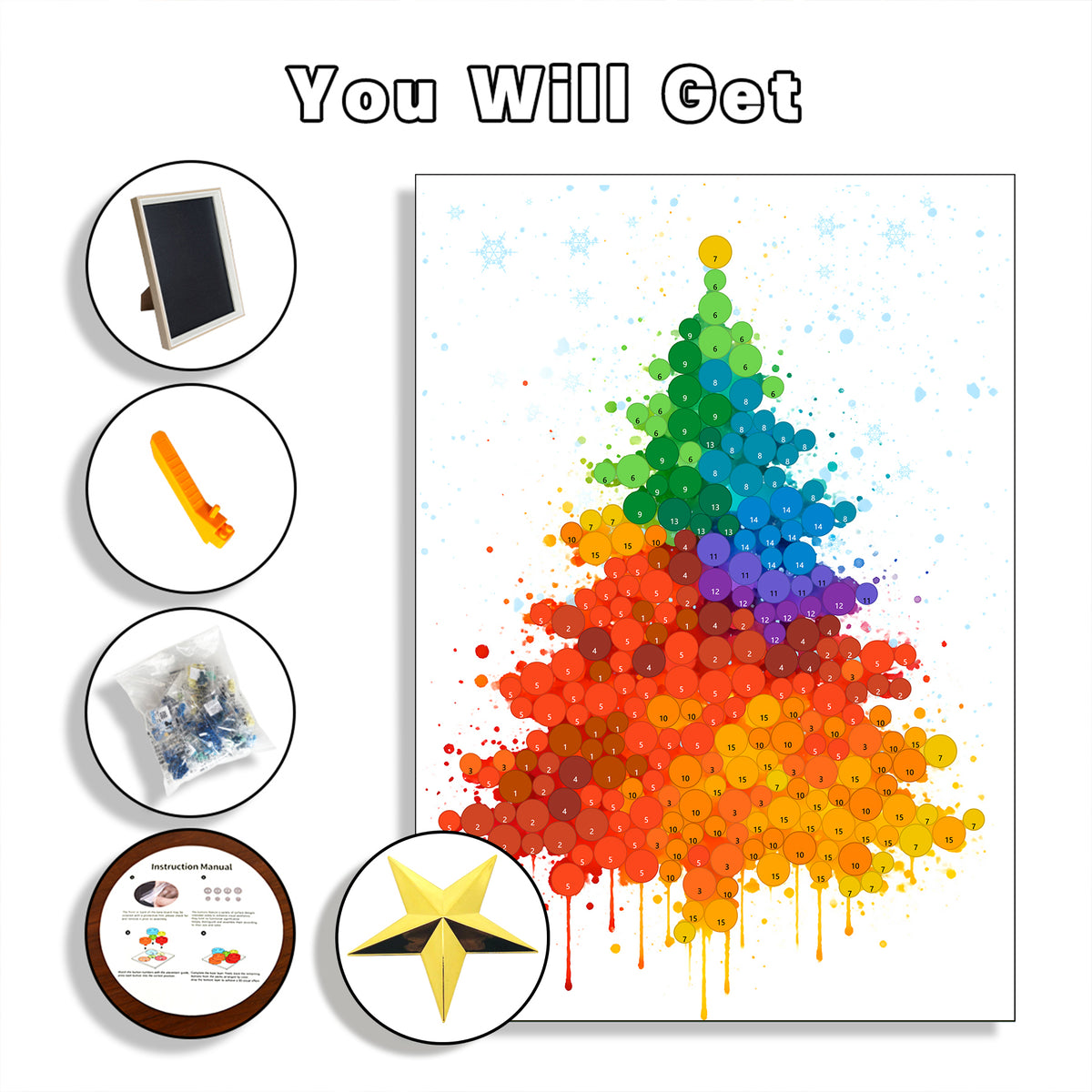 What's included in the Christmas Tree DIY Button Art Kit, featuring the frame, acrylic base, buttons, and button removal accessories