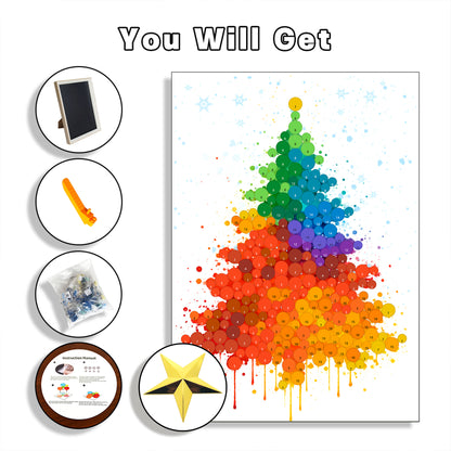 What's included in the Christmas Tree DIY Button Art Kit, featuring the frame, acrylic base, buttons, and button removal accessories