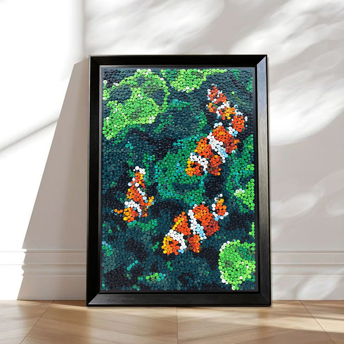 Coral Harmony button art displayed as colorful aquatic wall decor in a cozy living room