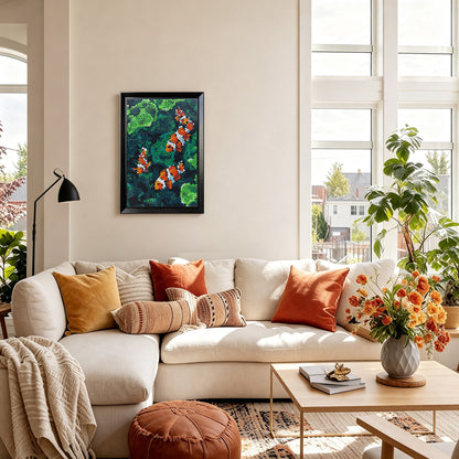 Coral Harmony button art displayed as statement fish wall decor in a modern interior