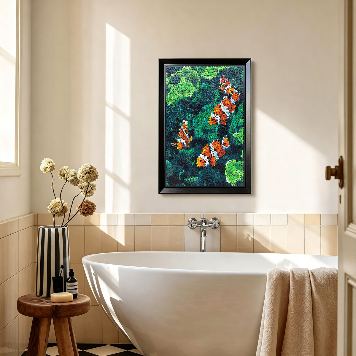 Coral Harmony textured button artwork featuring four colorful clownfish swimming in a green pond displayed in a contemporary home