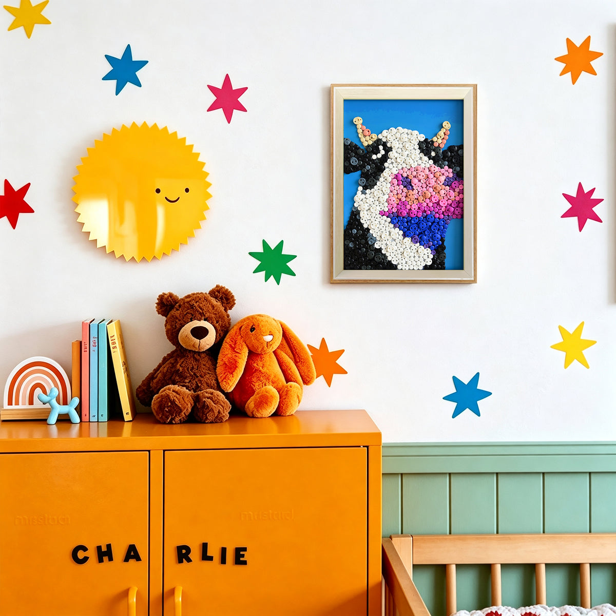Cow textured wall art displayed in a bright home interior