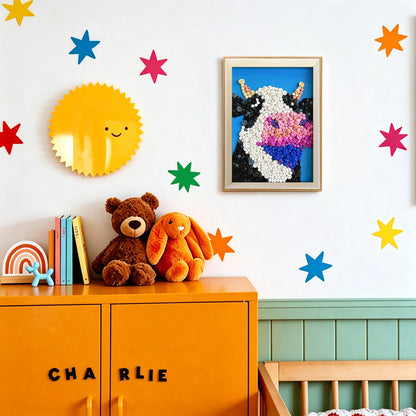 Cow textured wall art displayed in a bright home interior