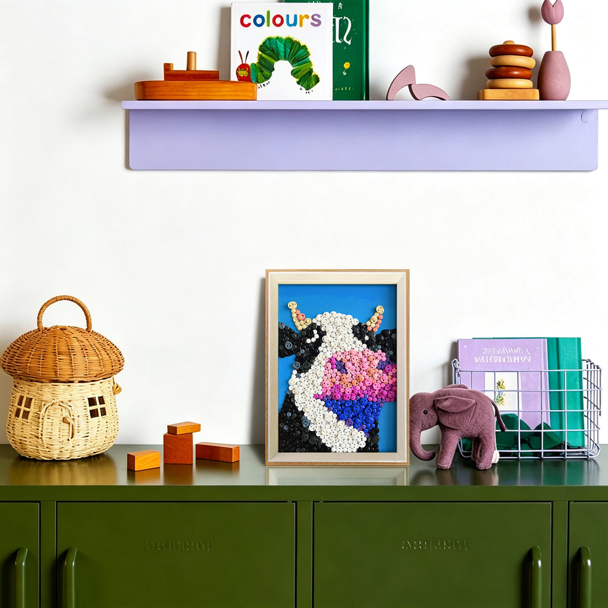 Cow DIY button art featured as charming farm-inspired home decor