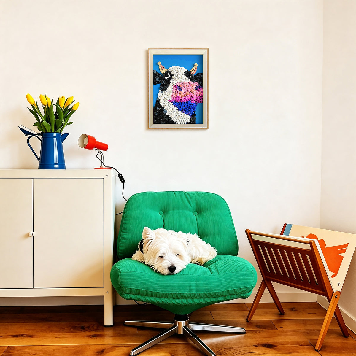 Cow button artwork adding a playful artistic touch to a room