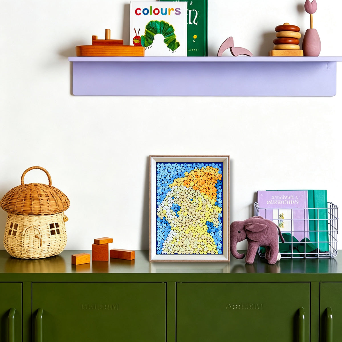 Creamy Puppy DIY button art featured as charming animal-inspired home decor