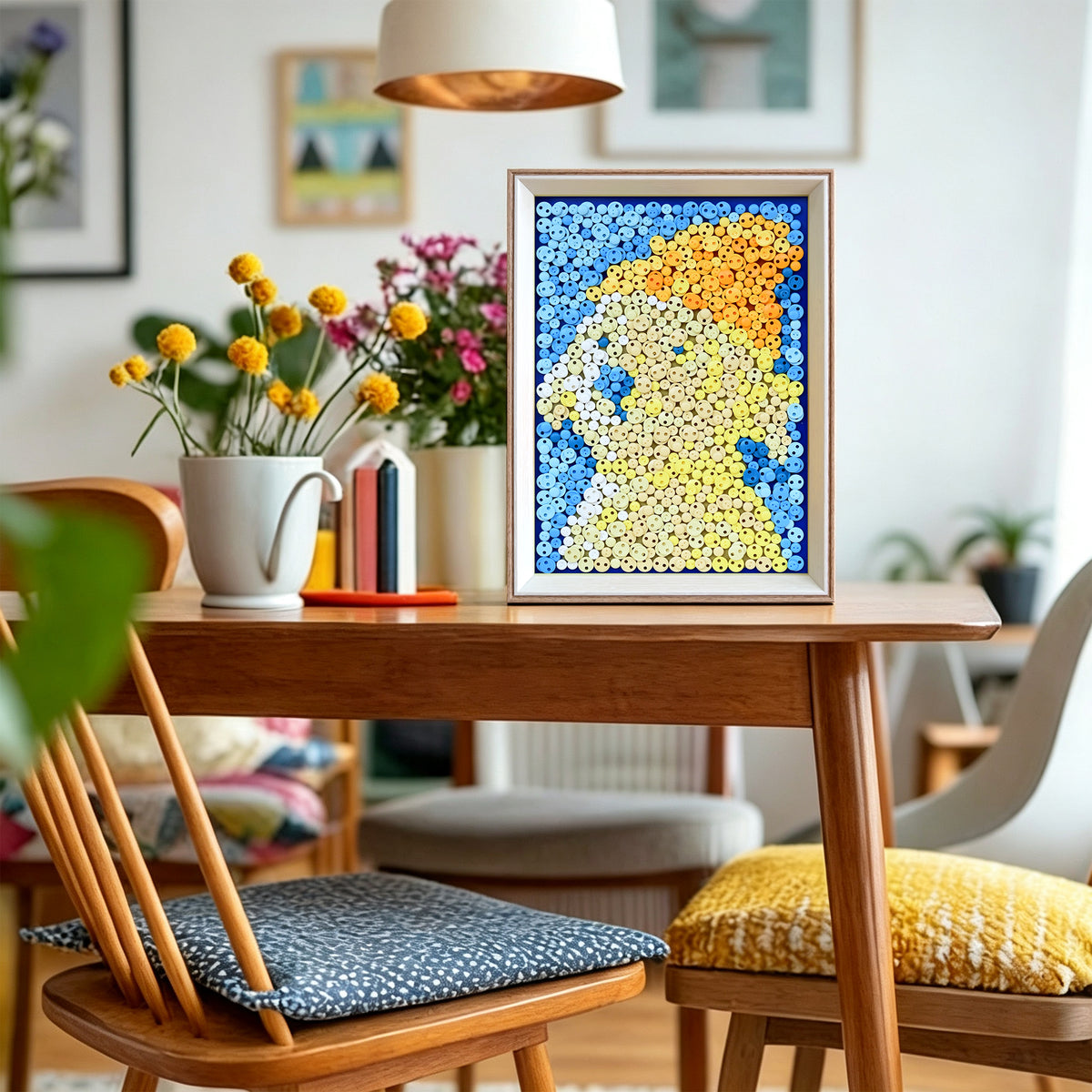 Creamy Puppy button art displayed as soft-toned wall decor in a cozy living room