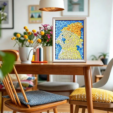 Creamy Puppy button art displayed as soft-toned wall decor in a cozy living room