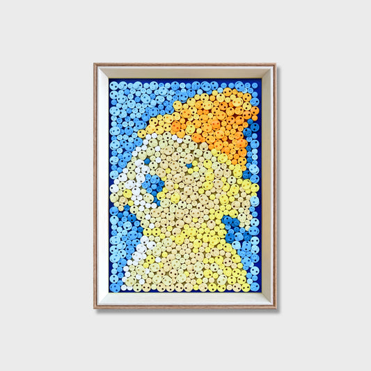 Creamy Puppy button art kit featuring a light-toned puppy on a pale blue button background